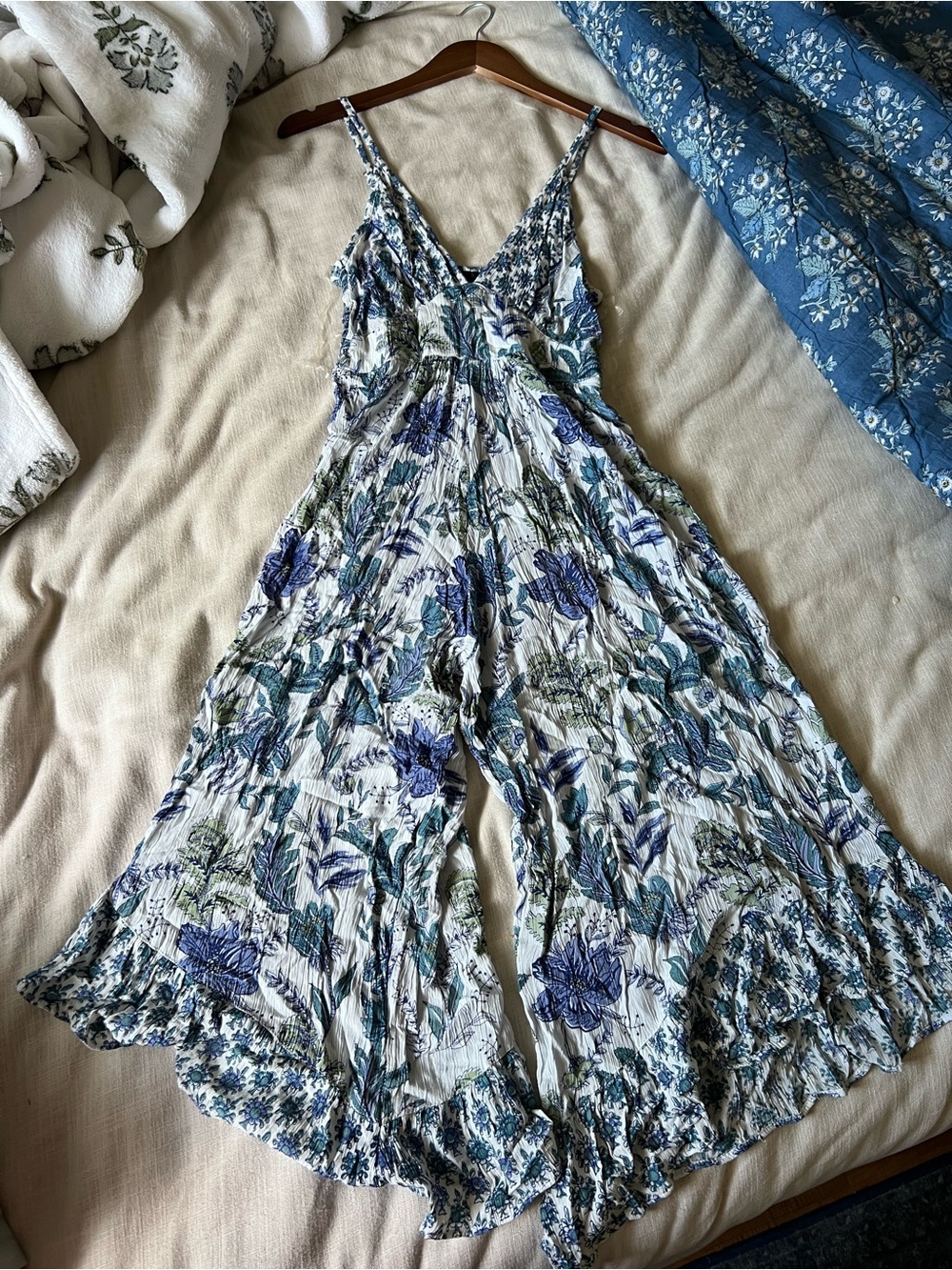 Angie White Floral Wide-Leg Jumpsuit with Blue and Green Print